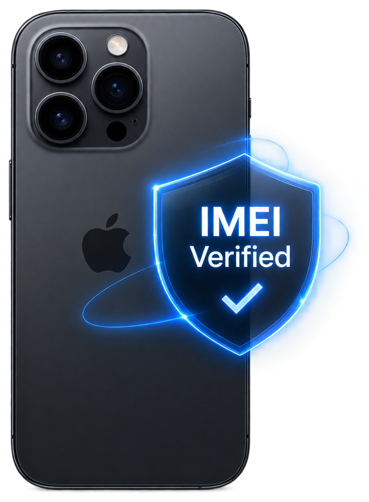 iPhone tampak belakang dengan perisai neon biru bertuliskan IMEI Verified dan tanda centang